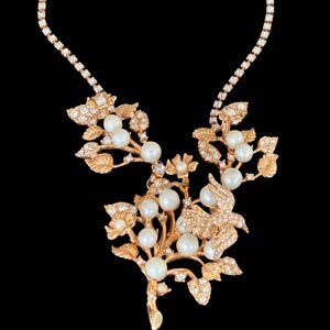 1950s Vintage Bergdorf Goodman Faux Pearl Rhinestone Necklace w/ Box